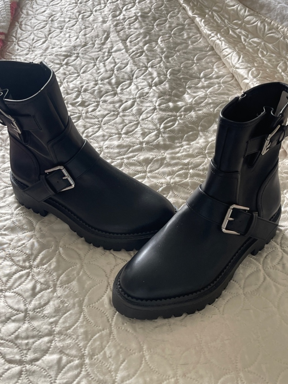 Nordstrom Rack Black Chunky faux Leather Buckle combat boots, size 5 1/2. NWT